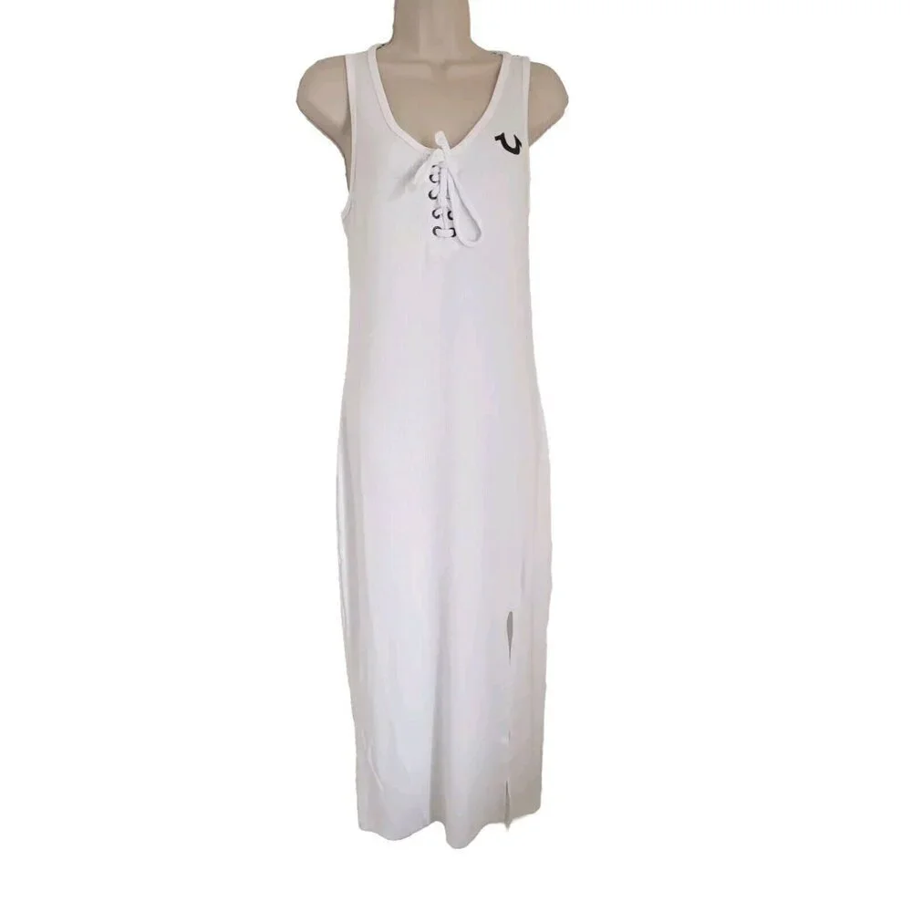 NWT TRUE RELIGION WHITE LACE UP HS LOGO MIDI DRESS MEDIUM - Picture 1 of 9